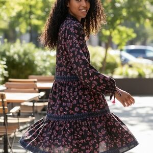 Oliphant Black Printed Tiered Mini Dress | Size Small